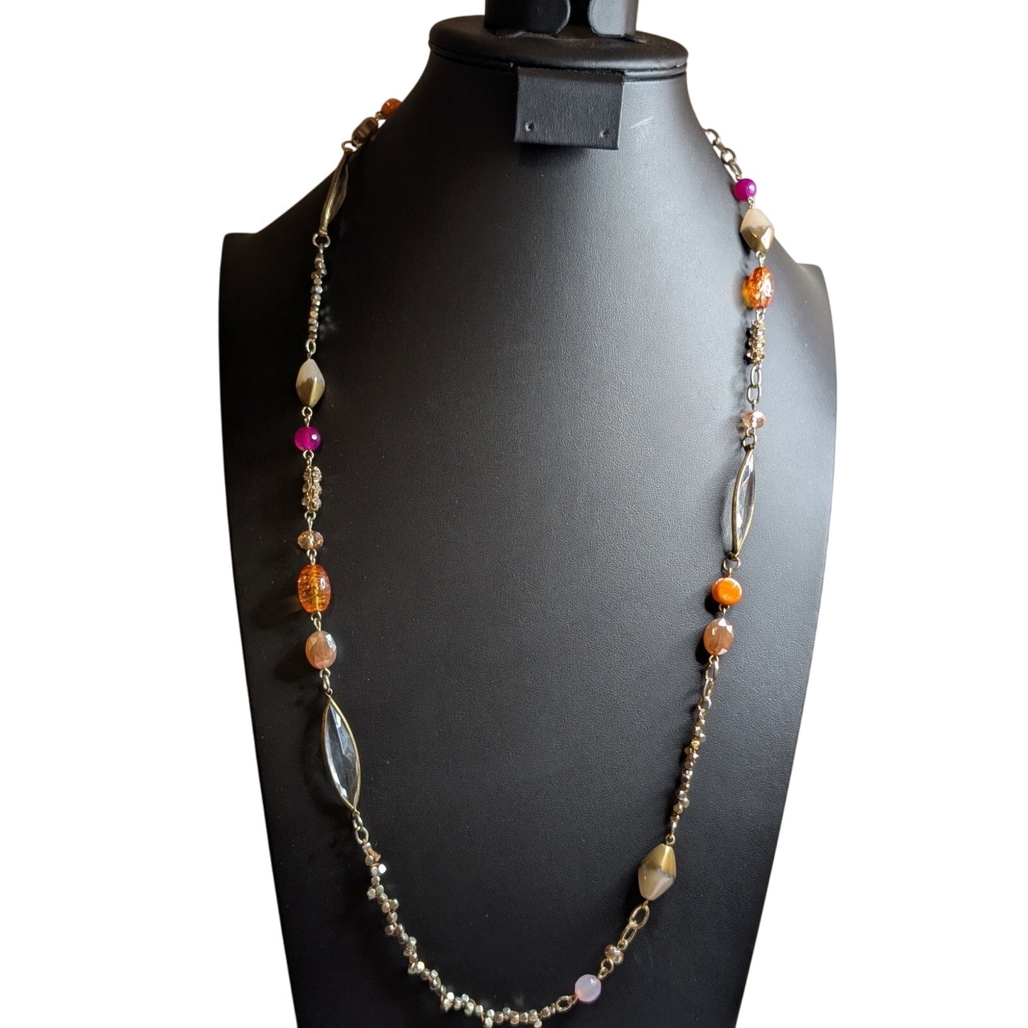 Two Coordinating Loft Beaded Orange Pink Yellow Gold Tone Beaded Long Necklaces