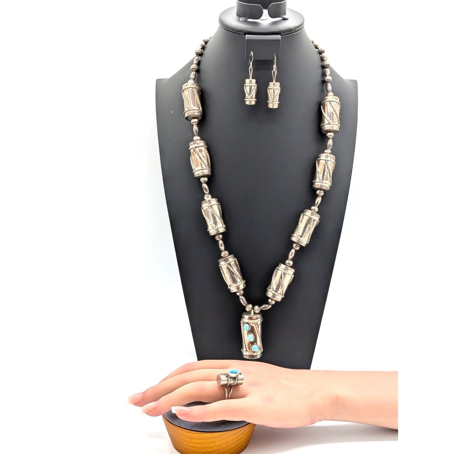 VTG Clyde Woody Navajo Sterling Silver Turquoise Drum Necklace Earring Ring Set
