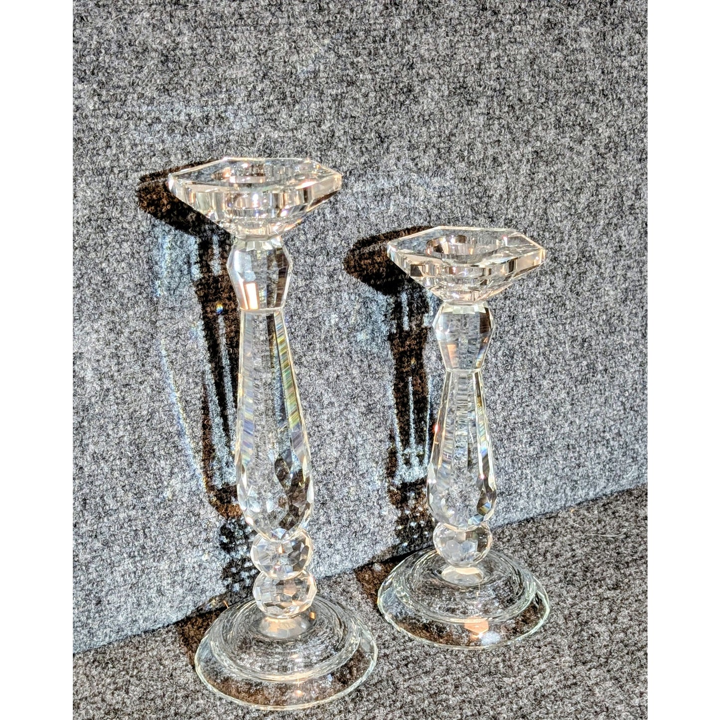 Set of Two Heavy Faceted Lead Crystal Candle Holders 11" & 9" Tall