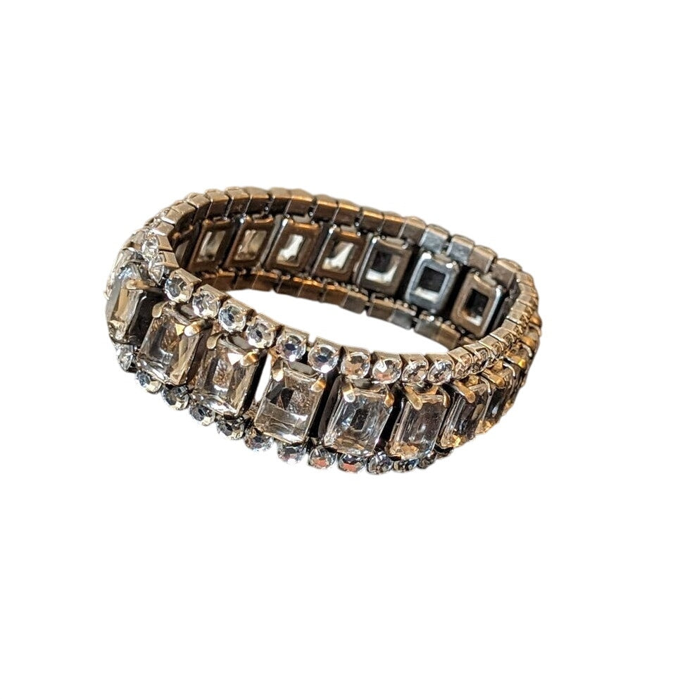 Vintage Three Row Round Cut & Emerald Cut Expandable Silver Tone Bracelet
