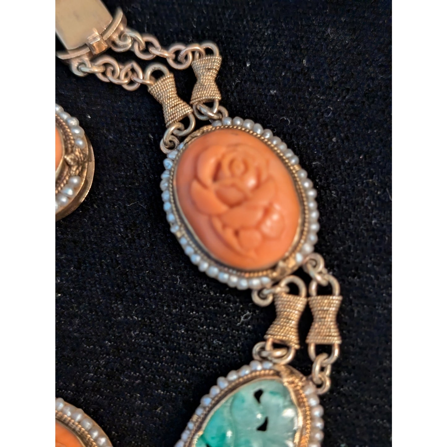 Antique Carved Green Jade Coral & Seed Pearl 14k Yellow Gold Bracelet