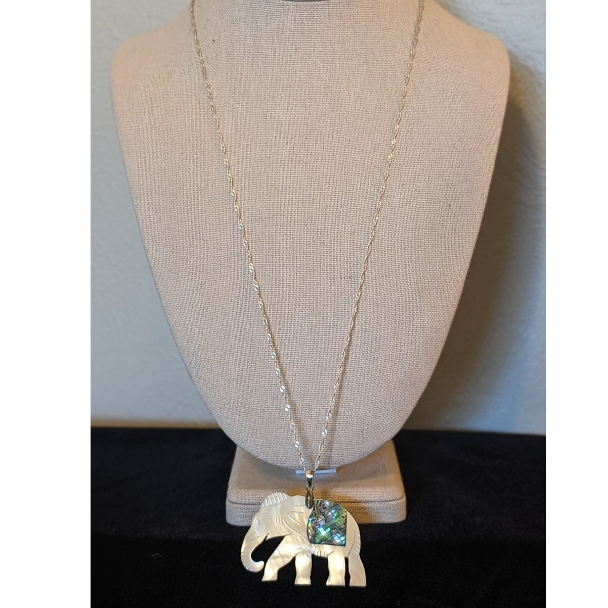 Mother of Pearl Carved Elephant W/ Abalone Inlay on Sterling 925 Chain