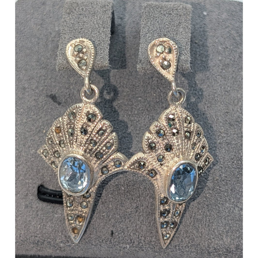 Vintage Sterling Silver Blue Topaz Marcasite Dangle Earrings