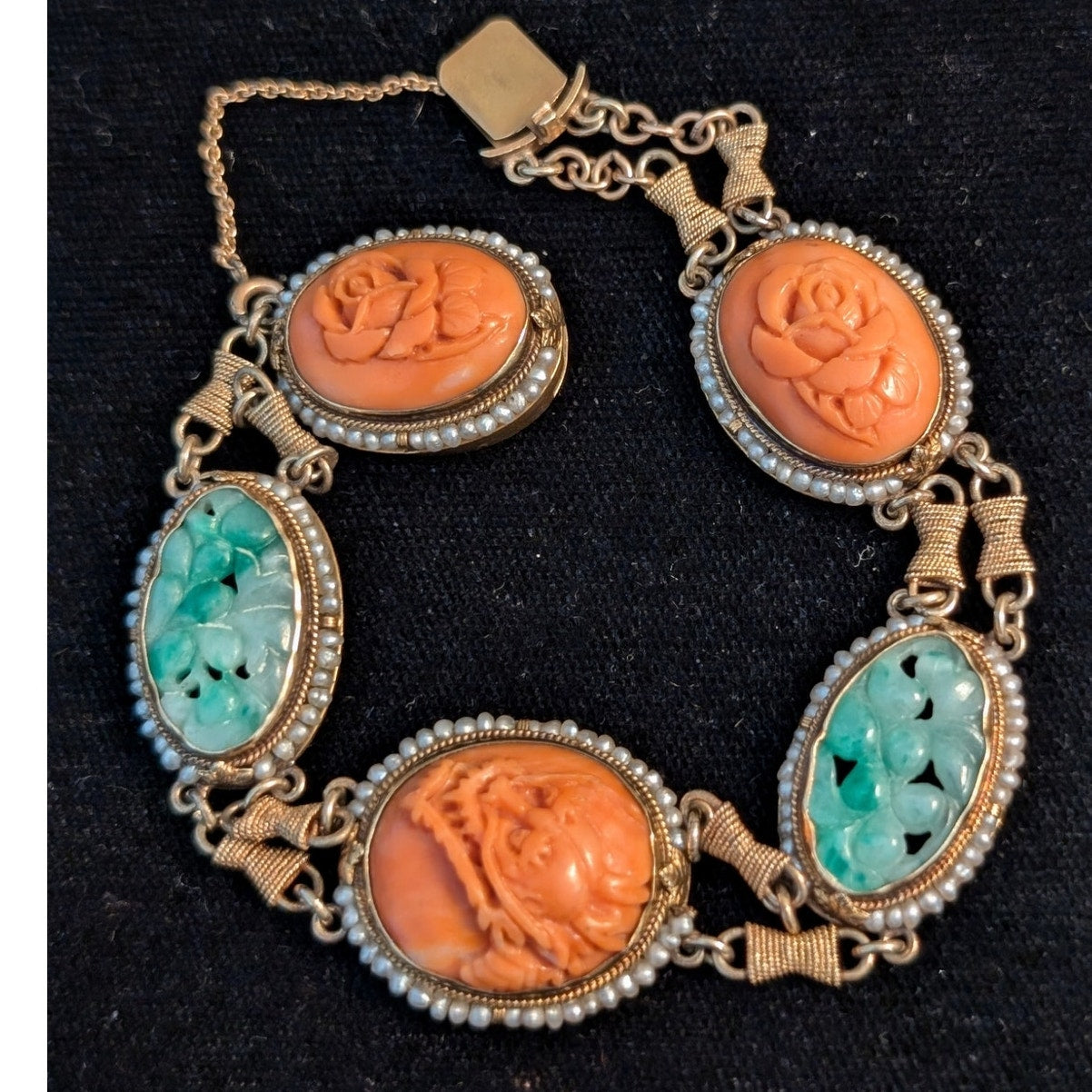 Antique Carved Green Jade Coral & Seed Pearl 14k Yellow Gold Bracelet