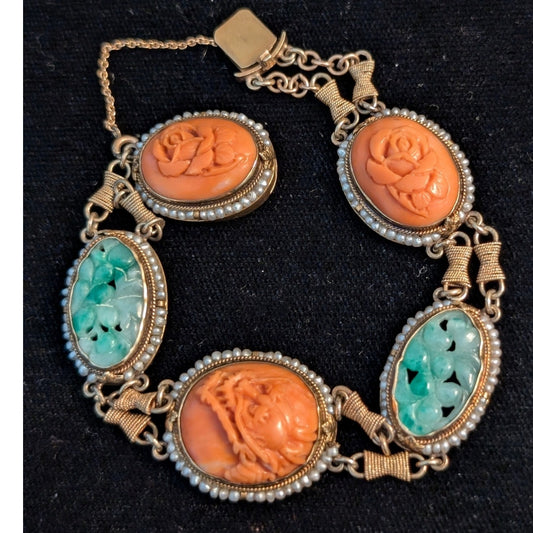 Antique Carved Green Jade Coral & Seed Pearl 14k Yellow Gold Bracelet