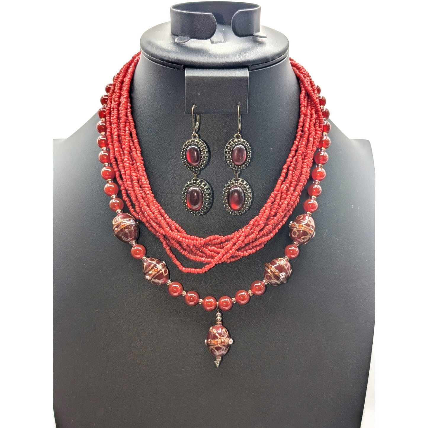 Lot of Boho Cranberry/Brick Color Beaded Necklaces & Earrings