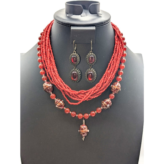 Lot of Boho Cranberry/Brick Color Beaded Necklaces & Earrings