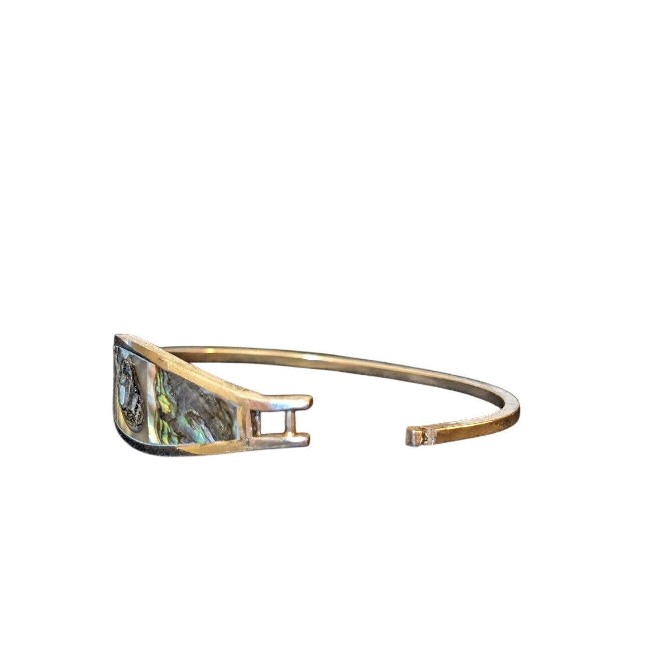 Vintage Alpaca Mexico Silver Inlay Abalone Hinged Bangle Bracelet