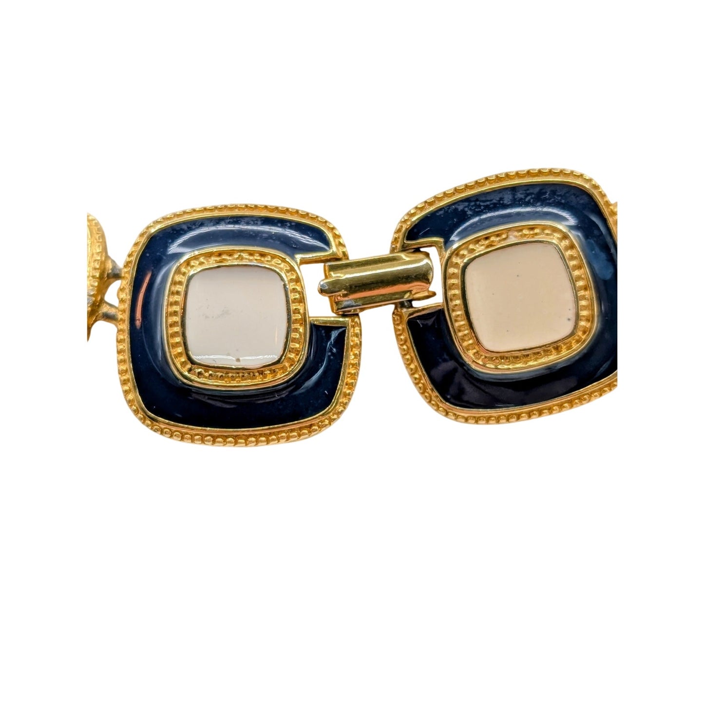 Vintage 80s Chunky Navy Cream Enamel Gold Tone Chain Fold Over Clasp Necklace