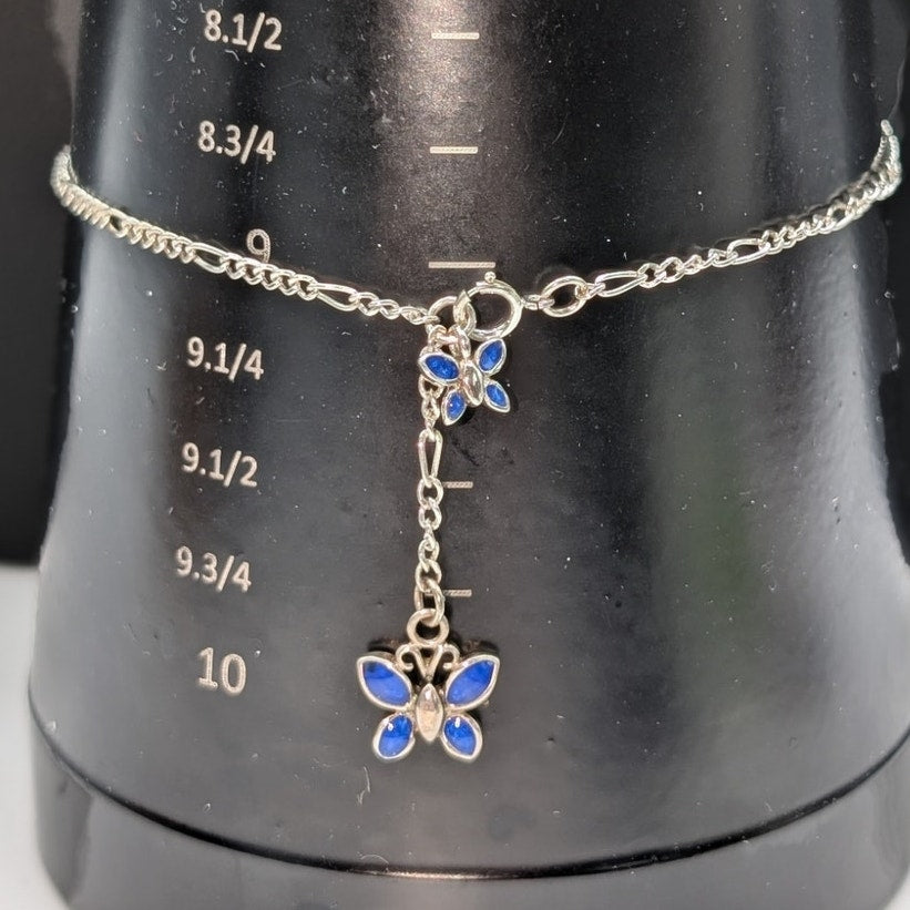 Vintage Figaro Chain Dangling Blue Enamel Butterfly 925 Sterling Silver Anklet