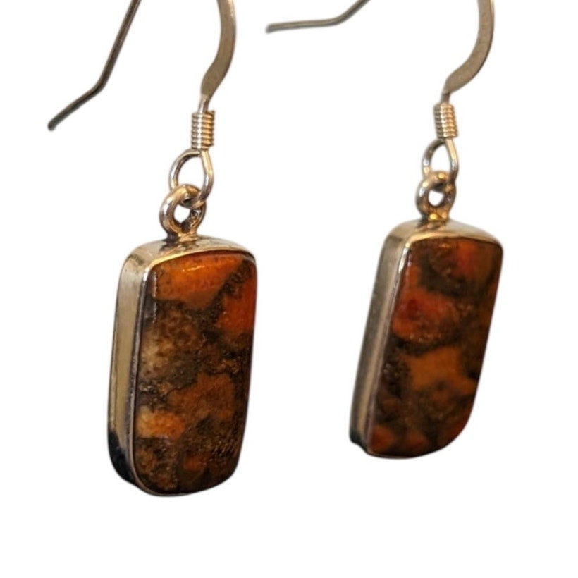 Vtg Marked 925 Sterling Orange Copper Turquoise Bezel Set Stone Dangle Earrings