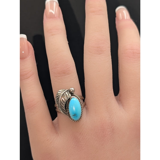 Vtg 925 Sterling Silver Southwestern Turquoise Feather Split Shank Ring Size 6.5