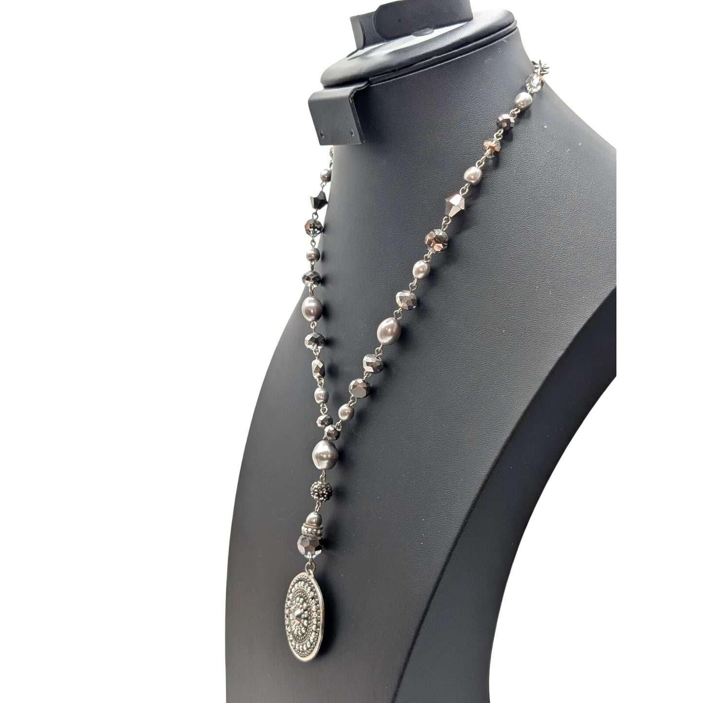 Chico's Silver Tone Metallic Crystal Gray Bead Y-Drop Medallion Pendant Necklace