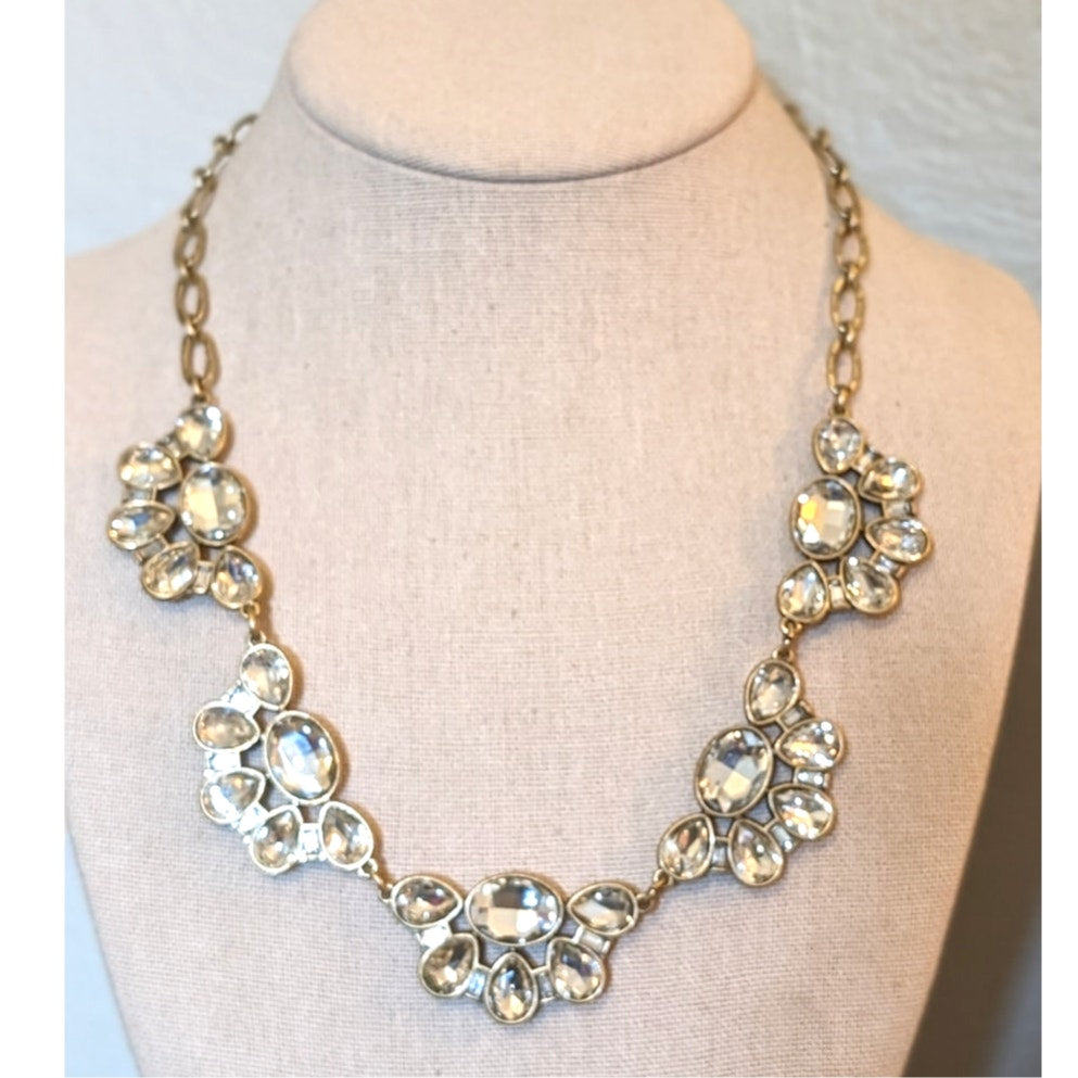 J Crew 18" Jargoon Gold Tone Claw Clasp Party Crystal Statement Necklace
