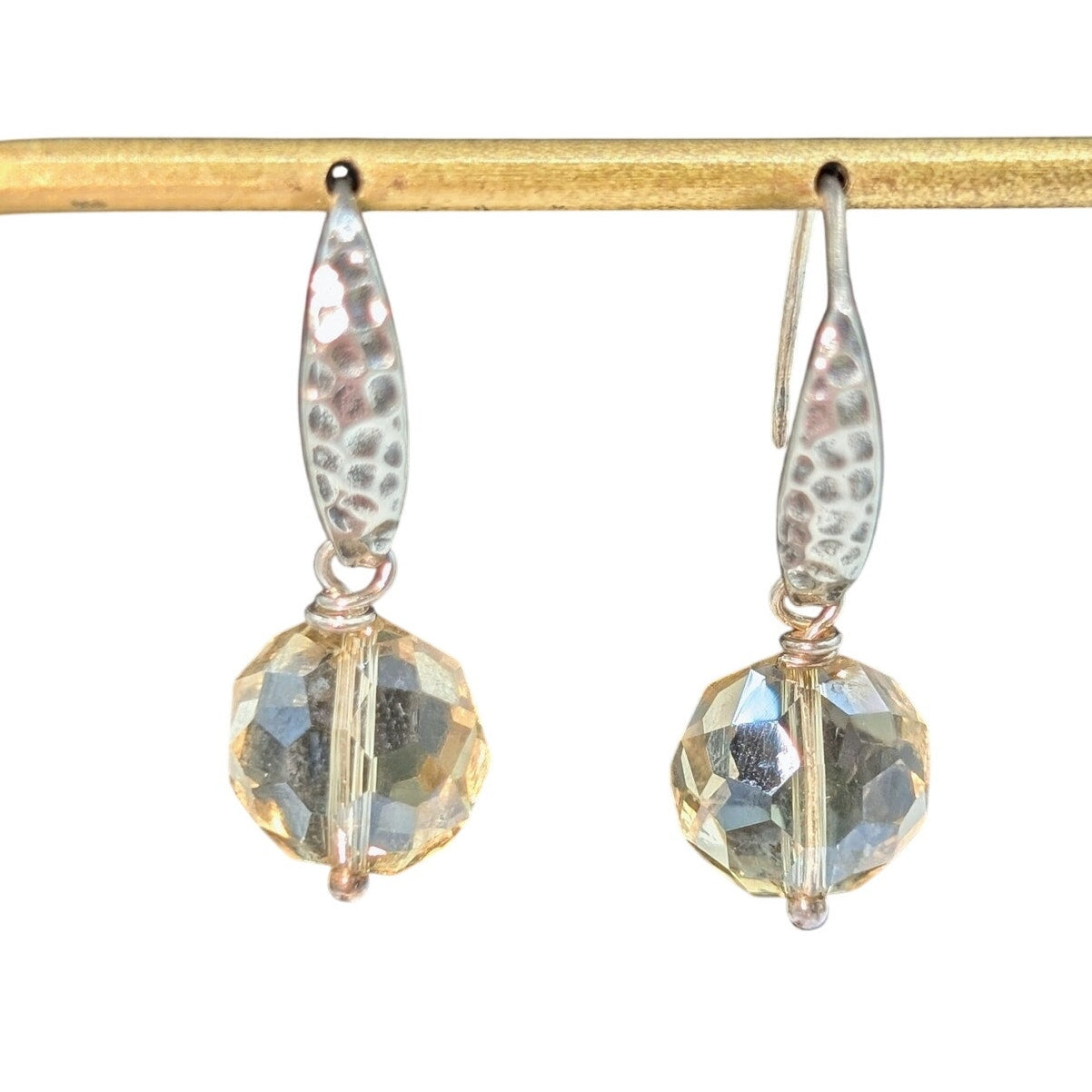 VTG Hammered 925 Sterling Silver Champagne Faceted Glass Bead Dangle Earrings