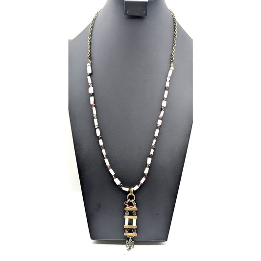 Round Garnet & Elongated Quartz Bead Bronze Tone Metal 4" Pendant 30" Necklace