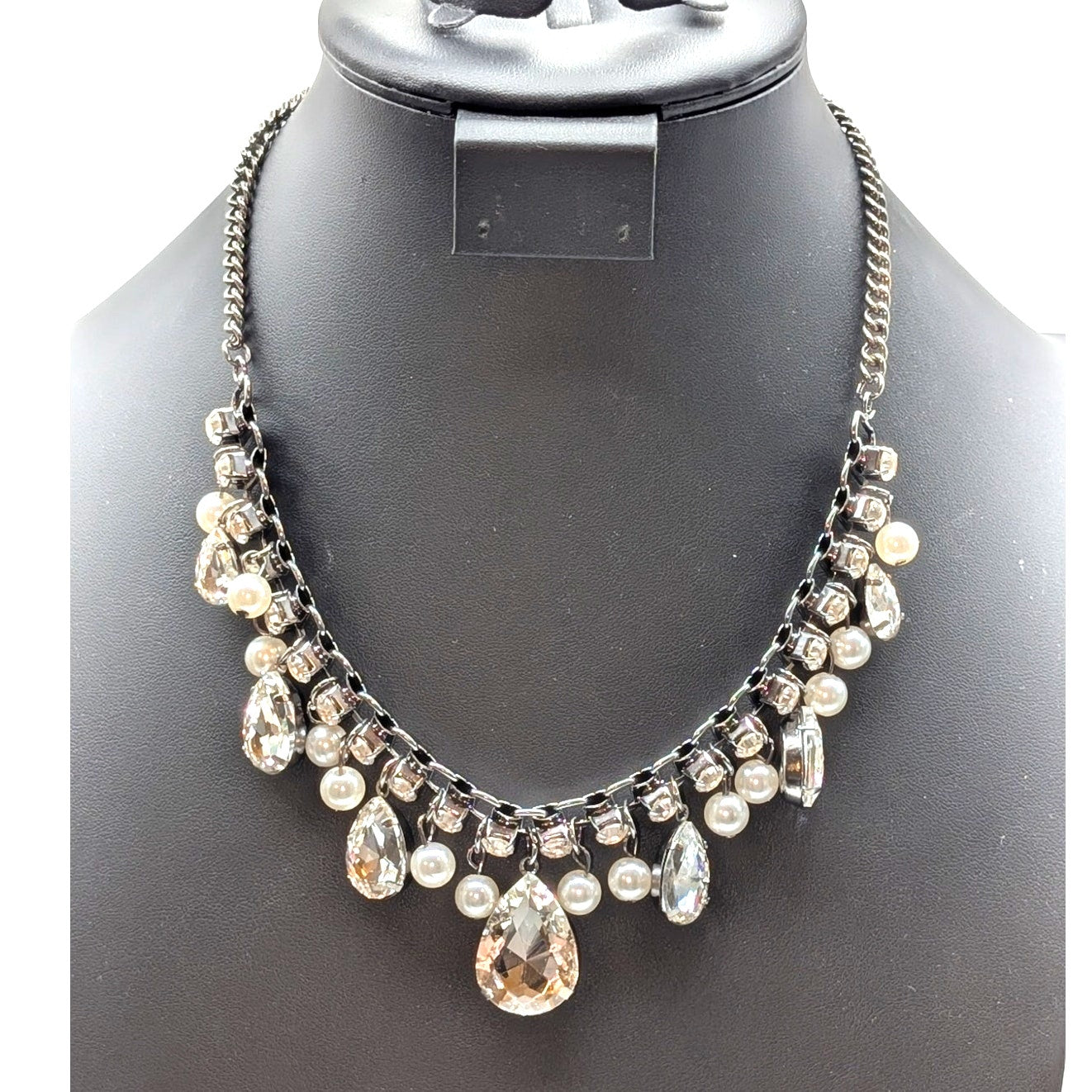 Gun Metal Rhinestone Pearl Dangle 18.5"-21.5" Statement Necklace