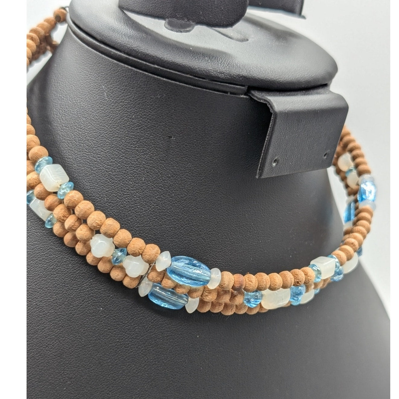 Vintage Triple Strand Wood Light Blue & Milky White Beaded Wire Boho Choker