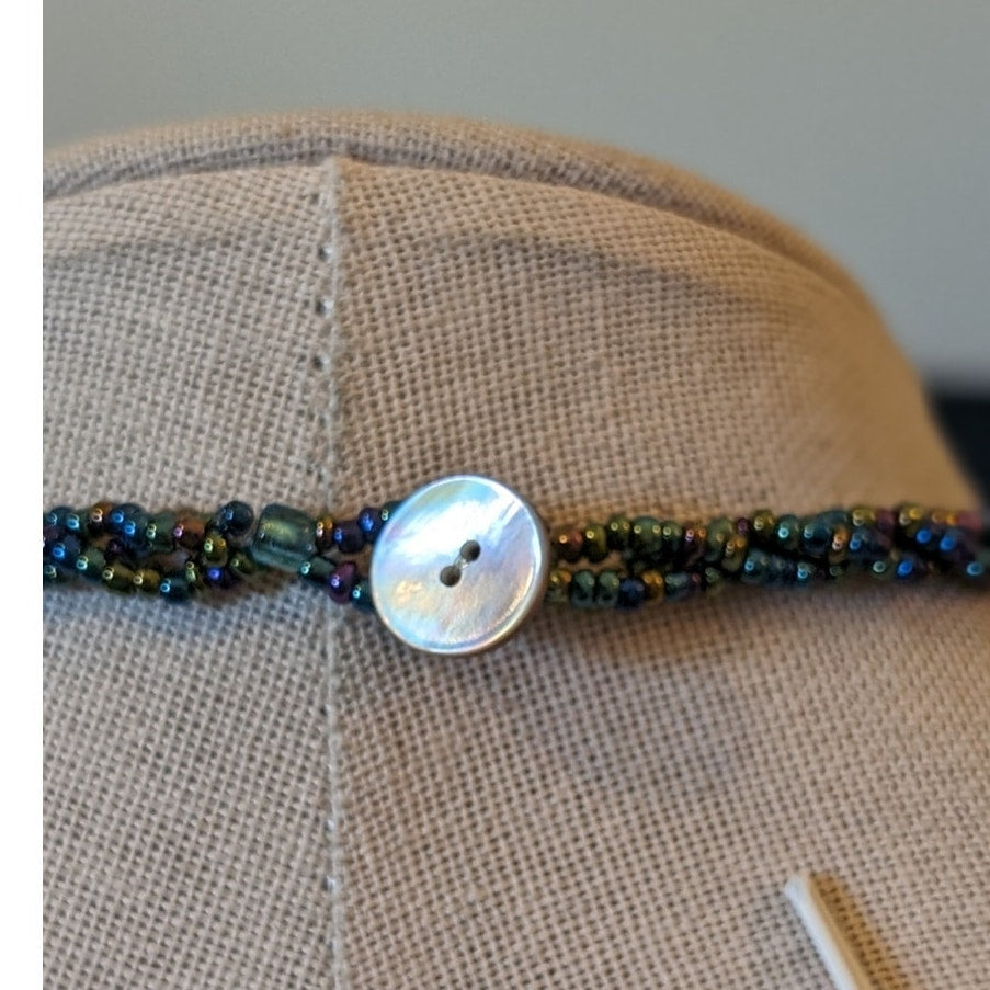 Abalone Shell Seed Bead Twisted Strand Button Clasp Necklace