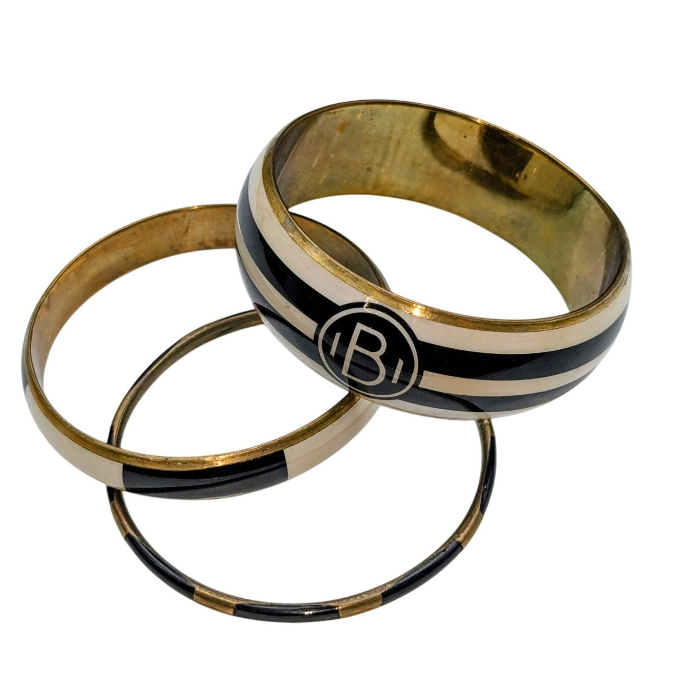 Set of Vintage Monogram 'B' Striped Black Cream Enamel Brass Bangle Bracelets