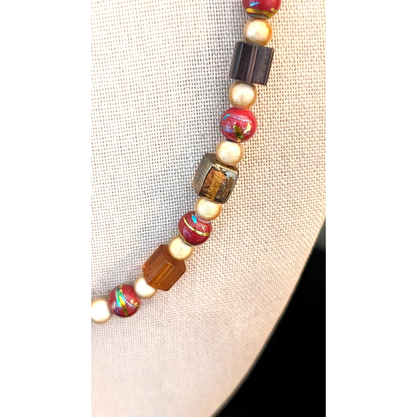 Vintage Metallic Drawbench, Square Lampwork, Art Glass 925 Clasp Bead Necklace
