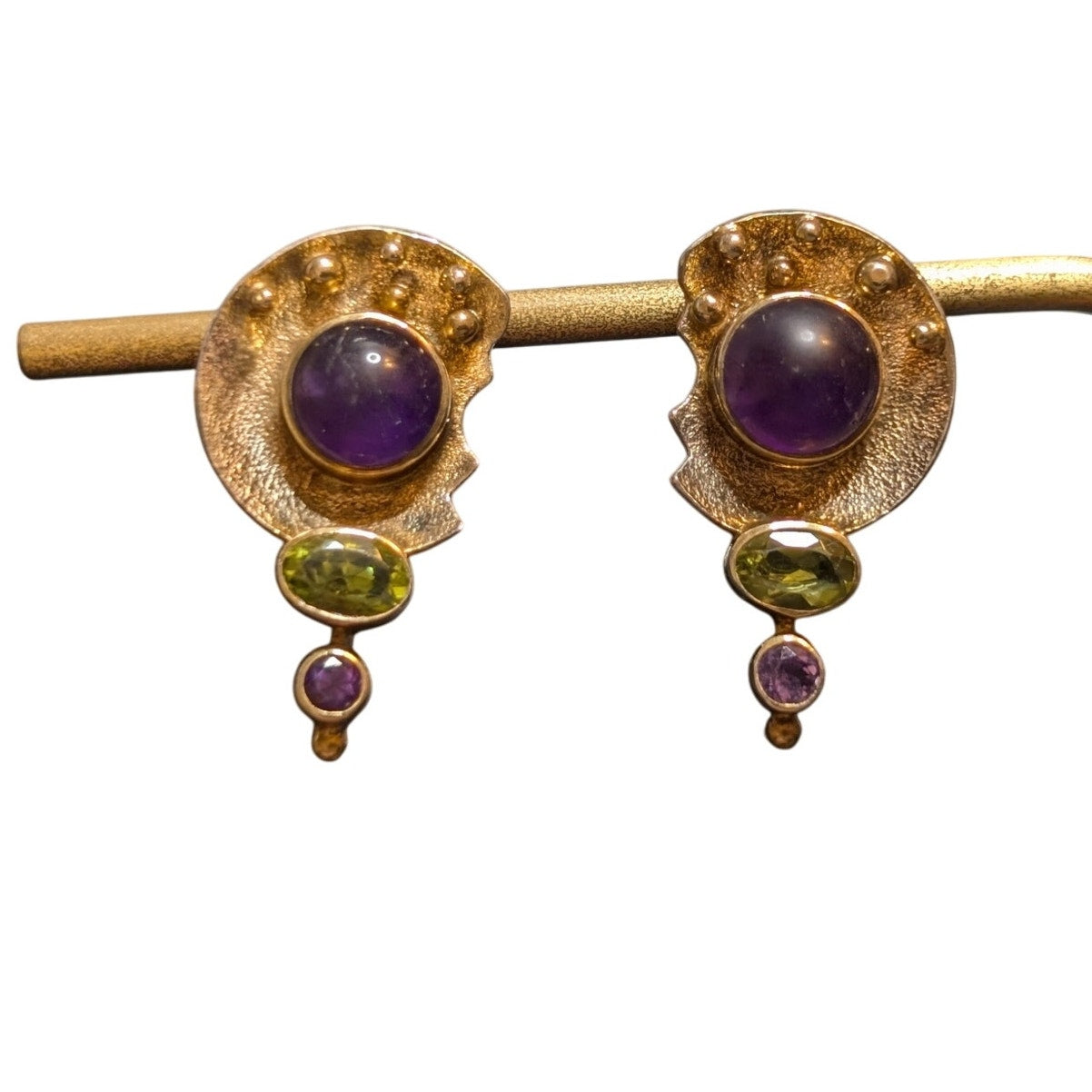 925 Sterling Silver Two Tone Amethyst & Peridot Pierced Post Earrings