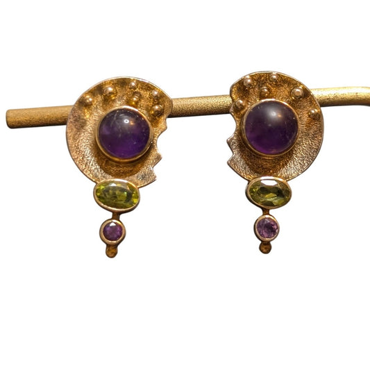 925 Sterling Silver Two Tone Amethyst & Peridot Pierced Post Earrings