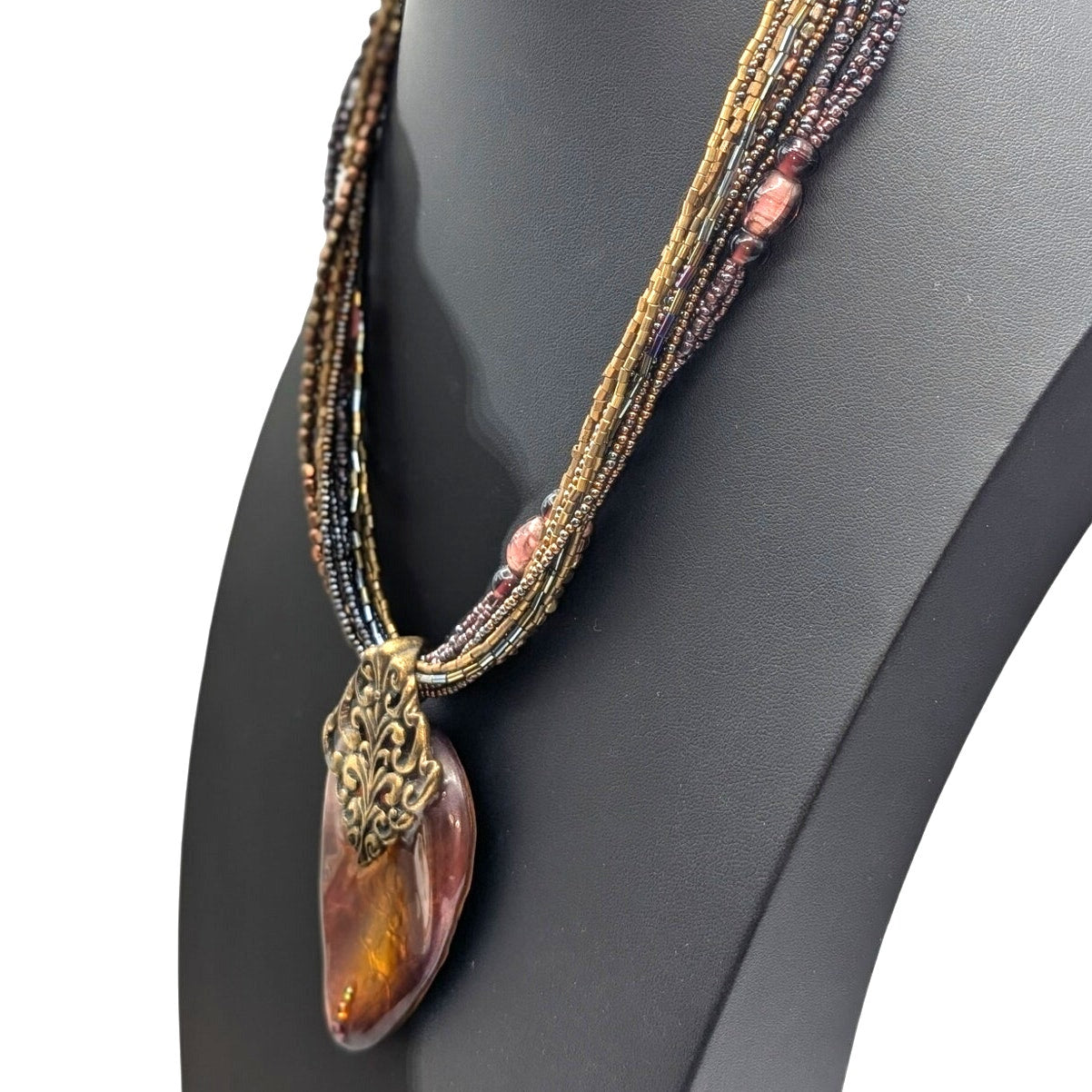 Chico's Multi-Strand Beaded Large Pendant Antiqued Gold Tone 18"-21.5" Necklace