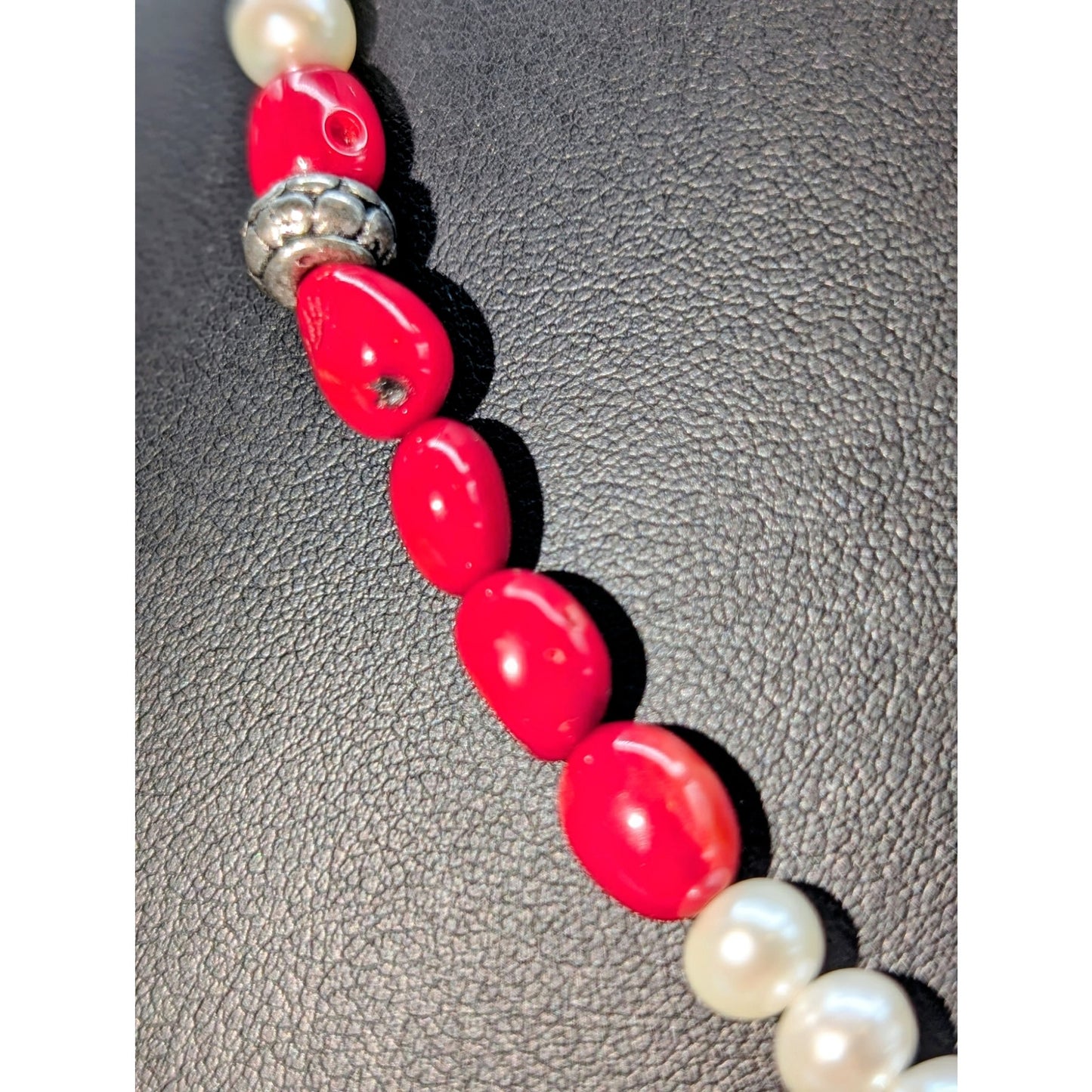 Red Coral Freshwater Pearl Silver Tone Beaded Necklace