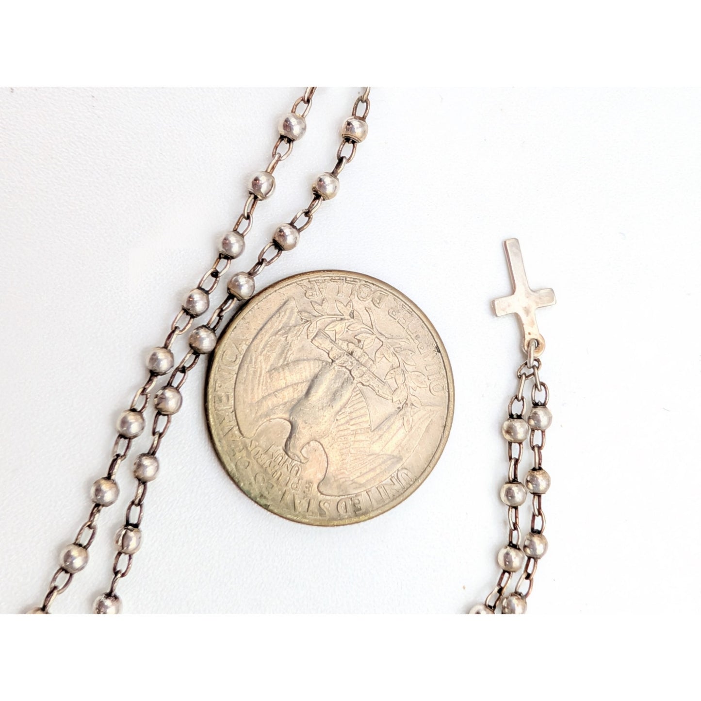 Vintage 925 Sterling Beaded Chain Tiny Cross Pendant Choker 16" Necklace