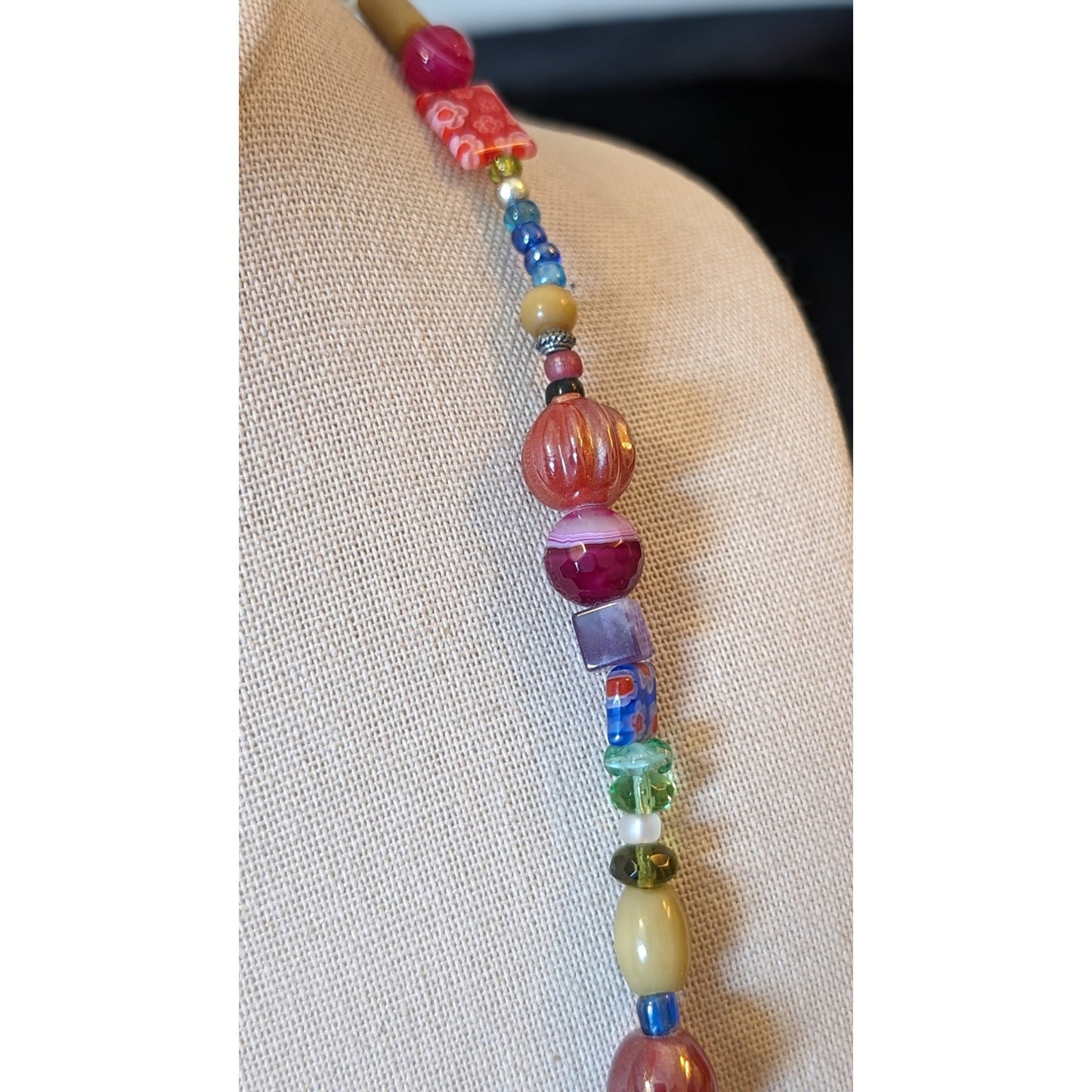 Millefiori Venetian & Murano Glass Bead Wrap Necklace W/ MOP Horn Pendant