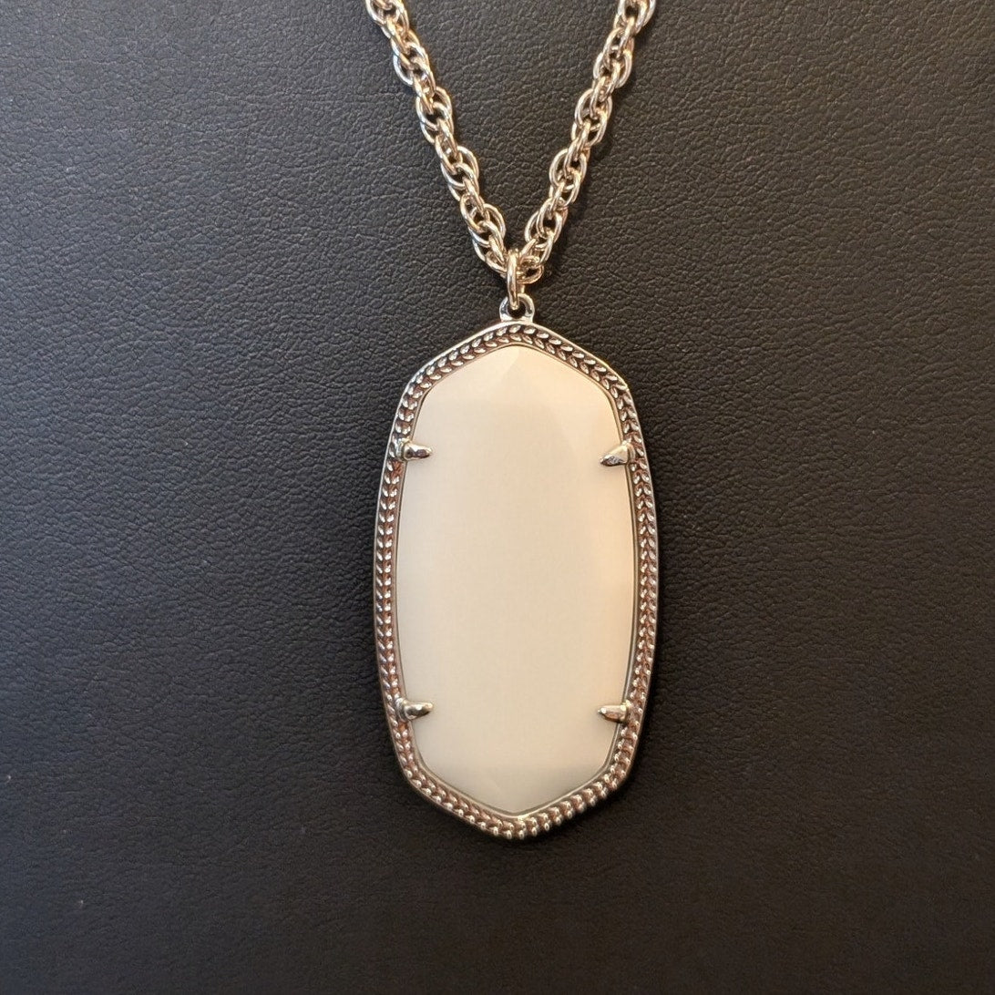 Kendra Scott Rae Milk Glass White Long Silver Plate Pendant RAE 32" Necklace