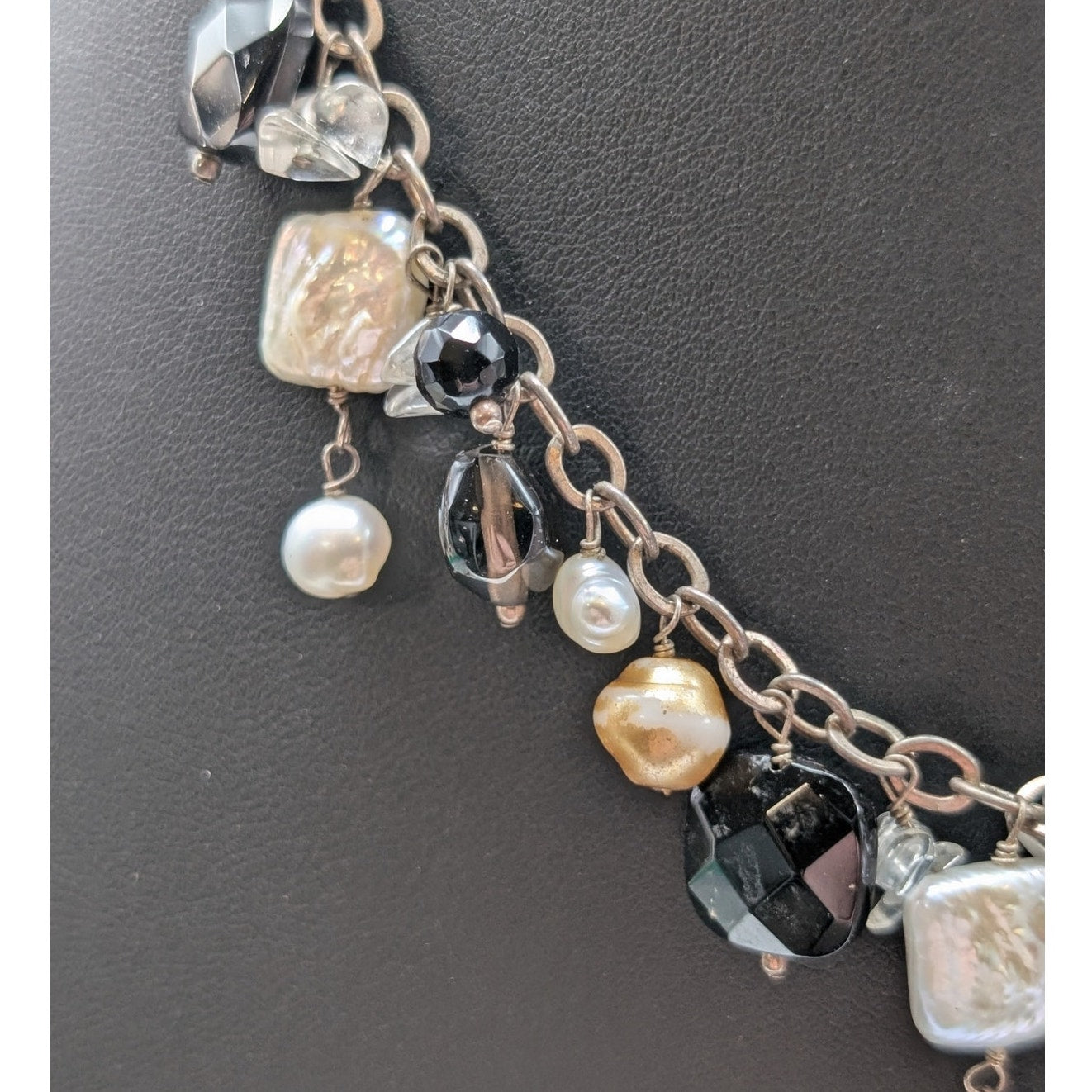925 Sterling Silver Double Strand Cord Pearl Tourmaline Quartz Dangle Necklace