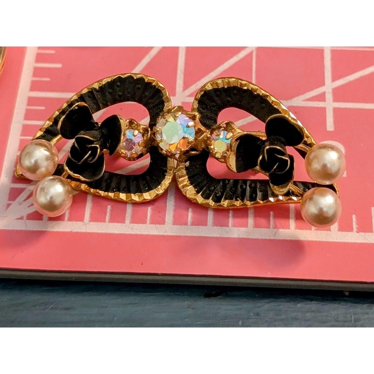Vintage Austrian AB Crystal Pearl Gold Tone Black Enamel Painted Flower Brooch