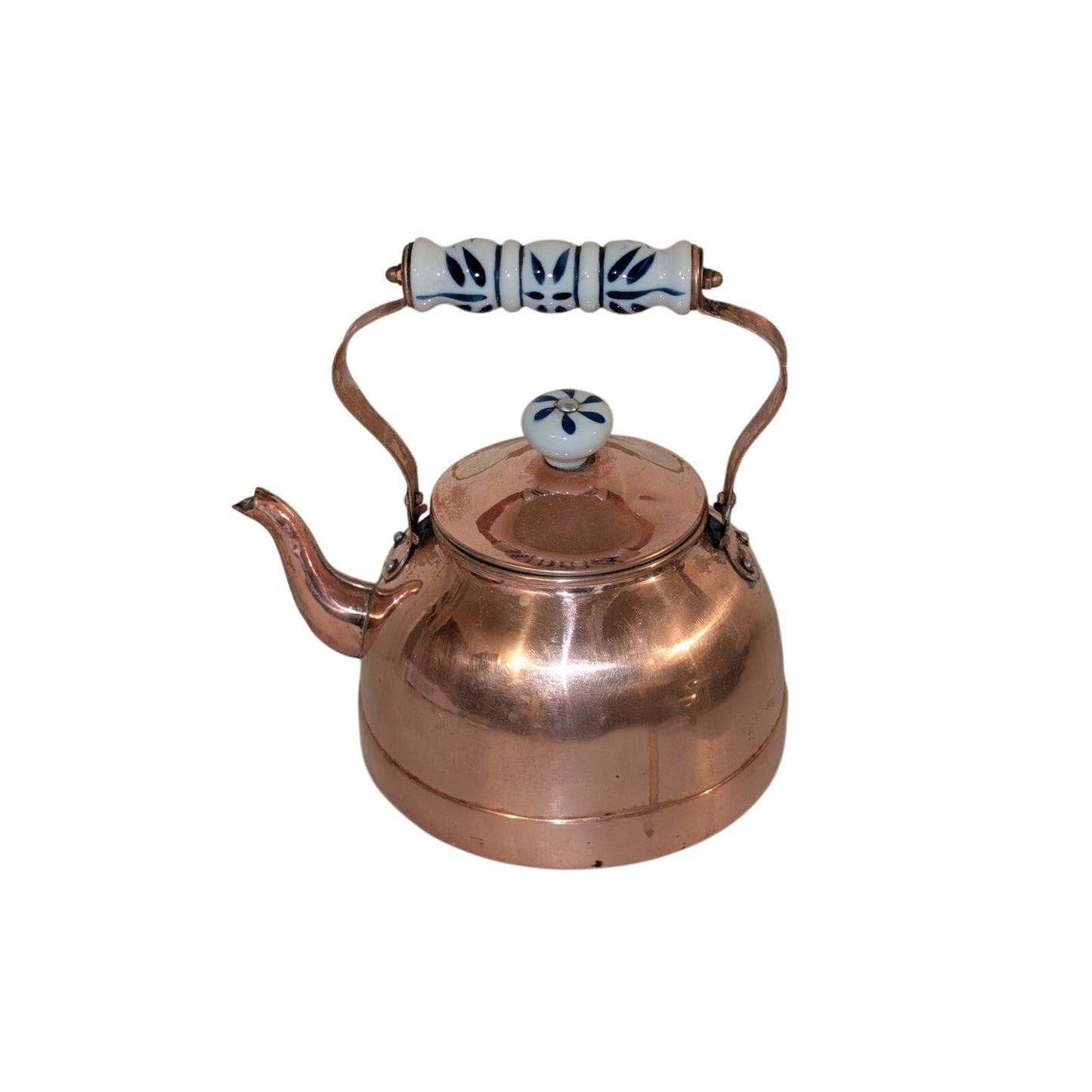 Vintage Antique Copper Tea Kettle W/ Blue White Ceramic Handle & Lid