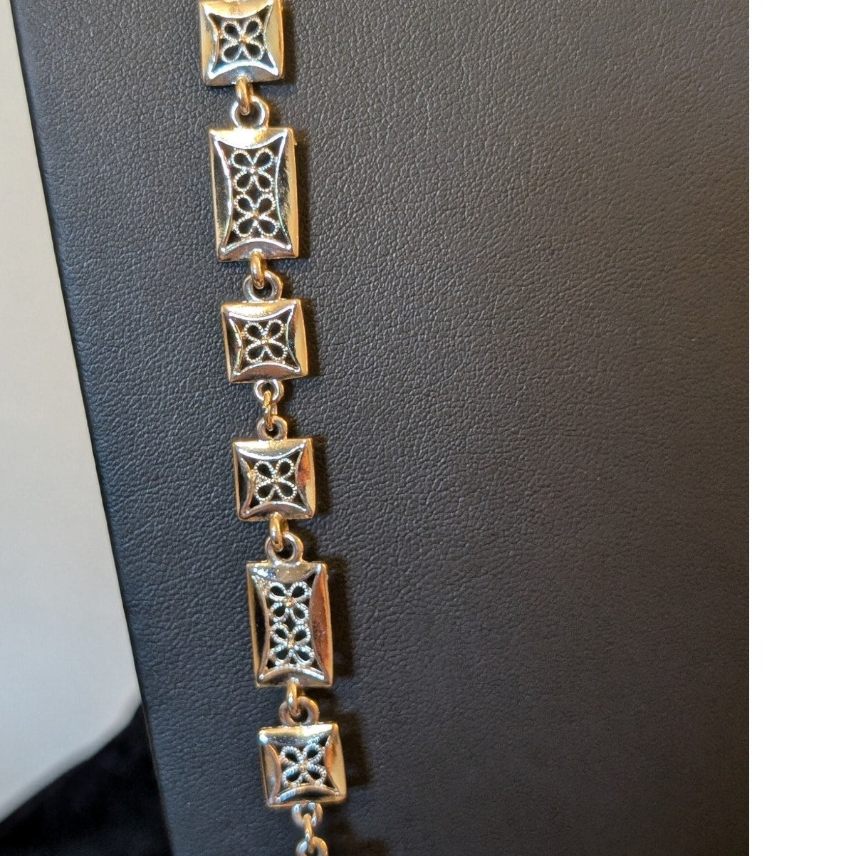 Vintage 42" Silver Tone Rectangle Floral Filigree Link Chain Necklace