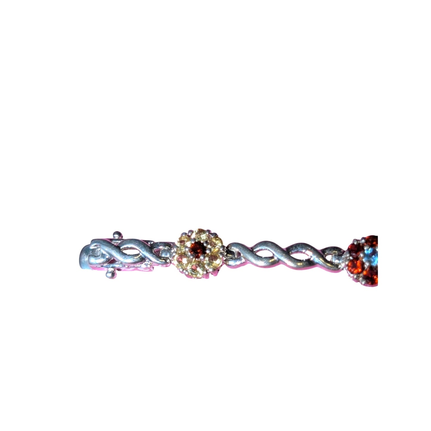 925 Sterling Multi-Color Crystal Flower Cross Over Chain Link Tennis Bracelet