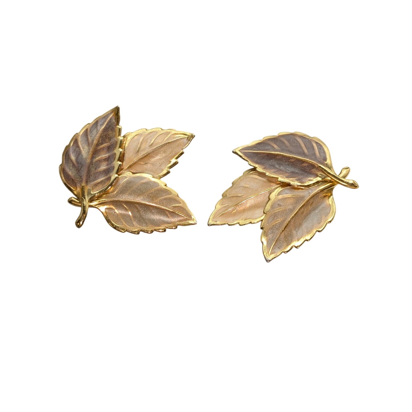 Gold Tone Metal & Neutral Painted Autumn Leaves Brooch & Pierced Earring Set
