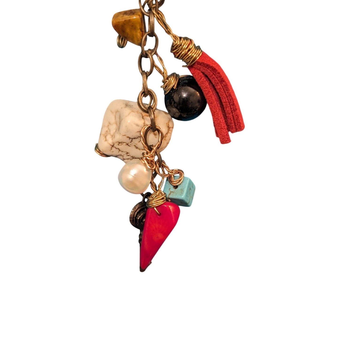 Artisan Cord with Heart, Stone, Tassel, Key and Other Charms Cluster Necklace