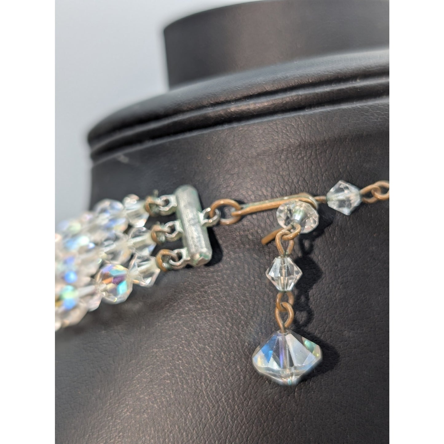 Vtg Graduated Three Strand Czech Faceted Clear & AB Crystal 13"-15.5" Necklace