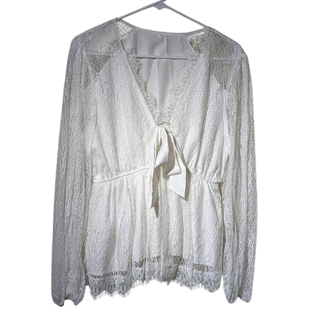 Unbranded White Lace Long Sleeve Tie Front Elastic Waist Blouse Womens Sz XL
