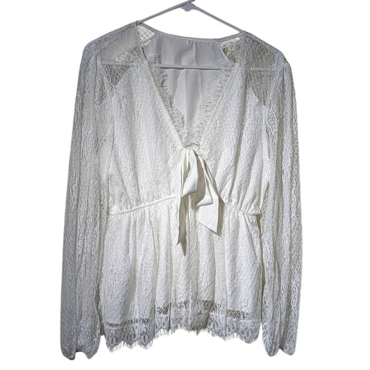 Unbranded White Lace Long Sleeve Tie Front Elastic Waist Blouse Womens Sz XL