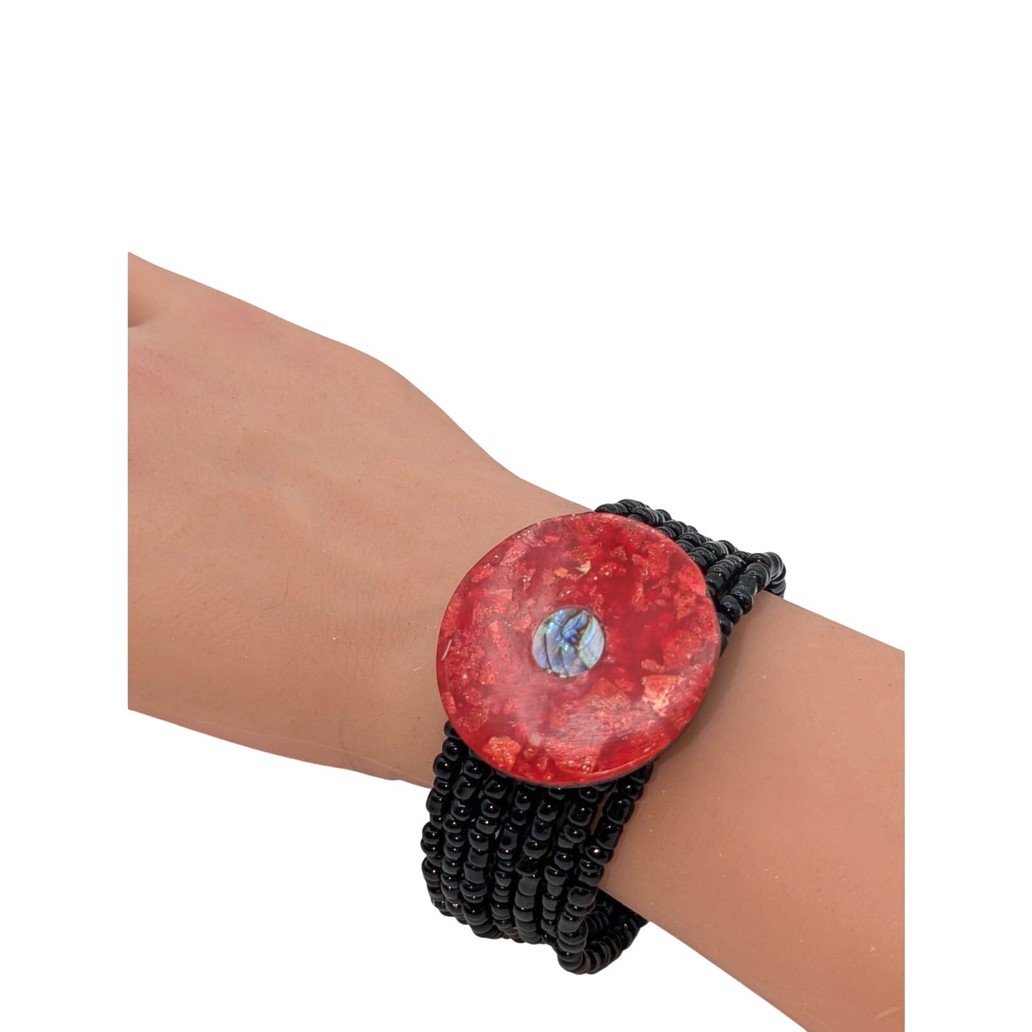 Red Coral Abalone Shell Black Glass Bead Multi-Strand Wire Cuff Bracelet