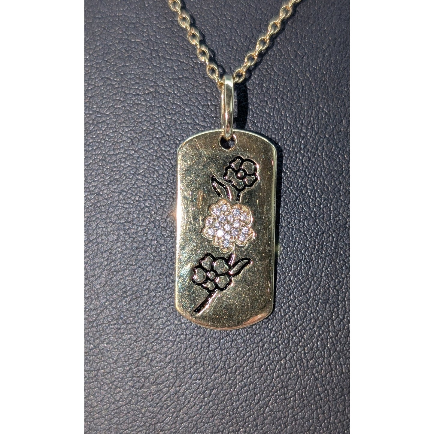 925 Sterling Vermeil Cherry Blossom CZ Flower Dog Tag Pendant 16"-18" Necklace
