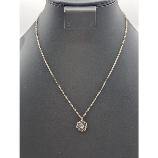 Vintage 925 Sterling Silver Moonstone Flower 17"-18.5" Chain Necklace