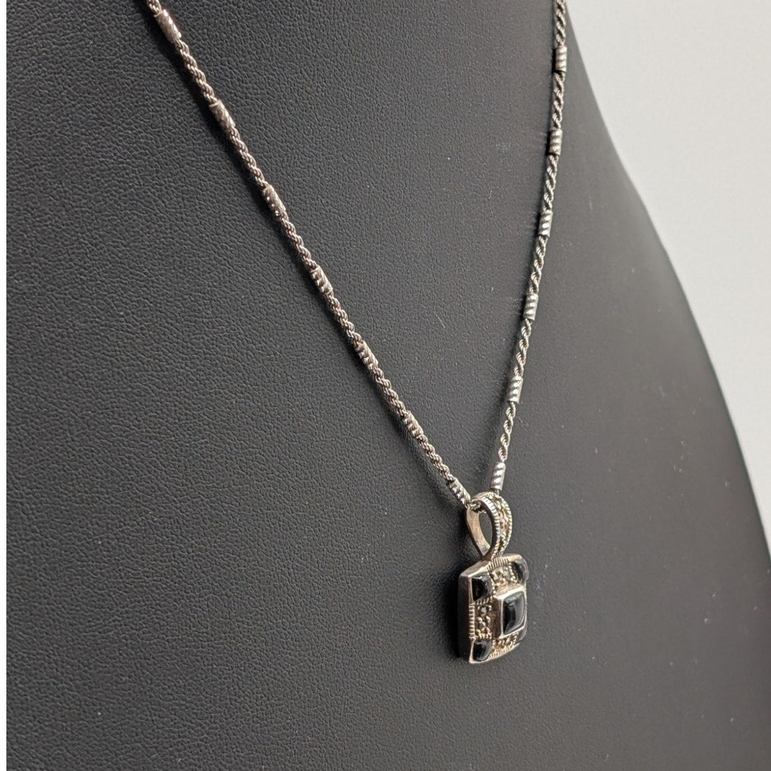 Vtg 925 Sterling Checkerboard Black Onyx Marcasite Pendant Bar Chain Necklace