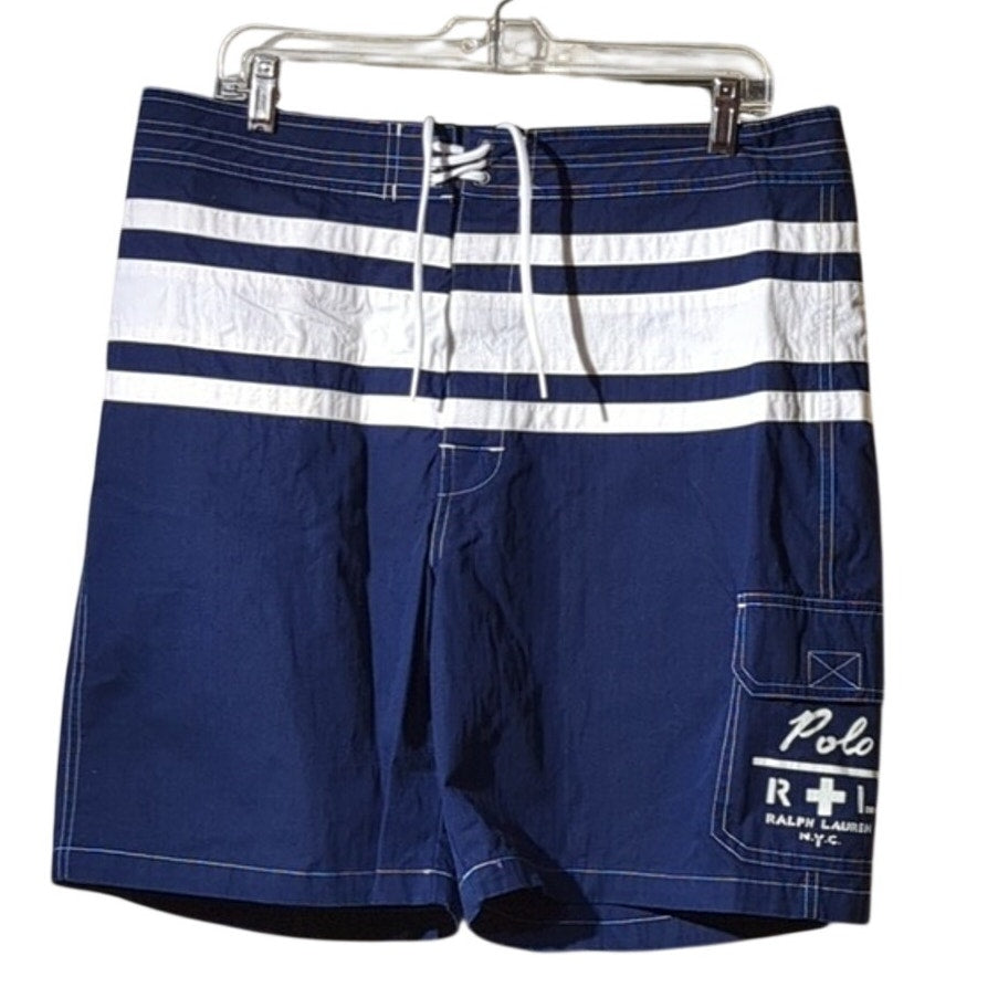 Polo Ralph Lauren Navy White Stripe Velcro Front Logo Pocket Swim Trunks Sz 34