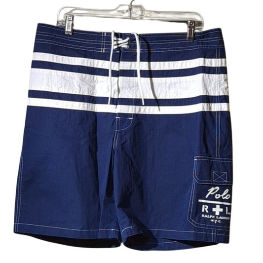 Polo Ralph Lauren Navy White Stripe Velcro Front Logo Pocket Swim Trunks Sz 34
