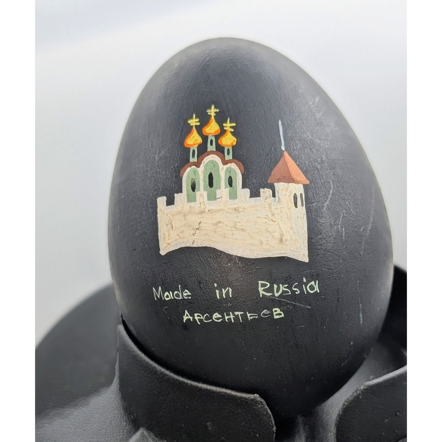 Black Wooden Russian Hand Painted Swordsman Warrior Dragon Signed Decorative Egg
