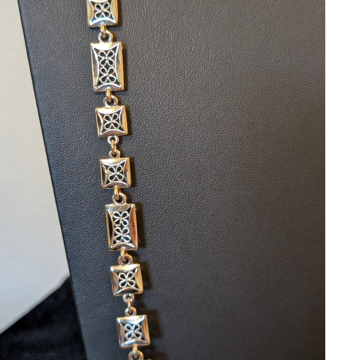 Vintage 42" Silver Tone Rectangle Floral Filigree Link Chain Necklace
